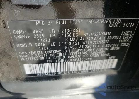 2015 Subaru Outback 2.5I Premium из США, поврежденный, VIN 4S4BSBDC5F3255488